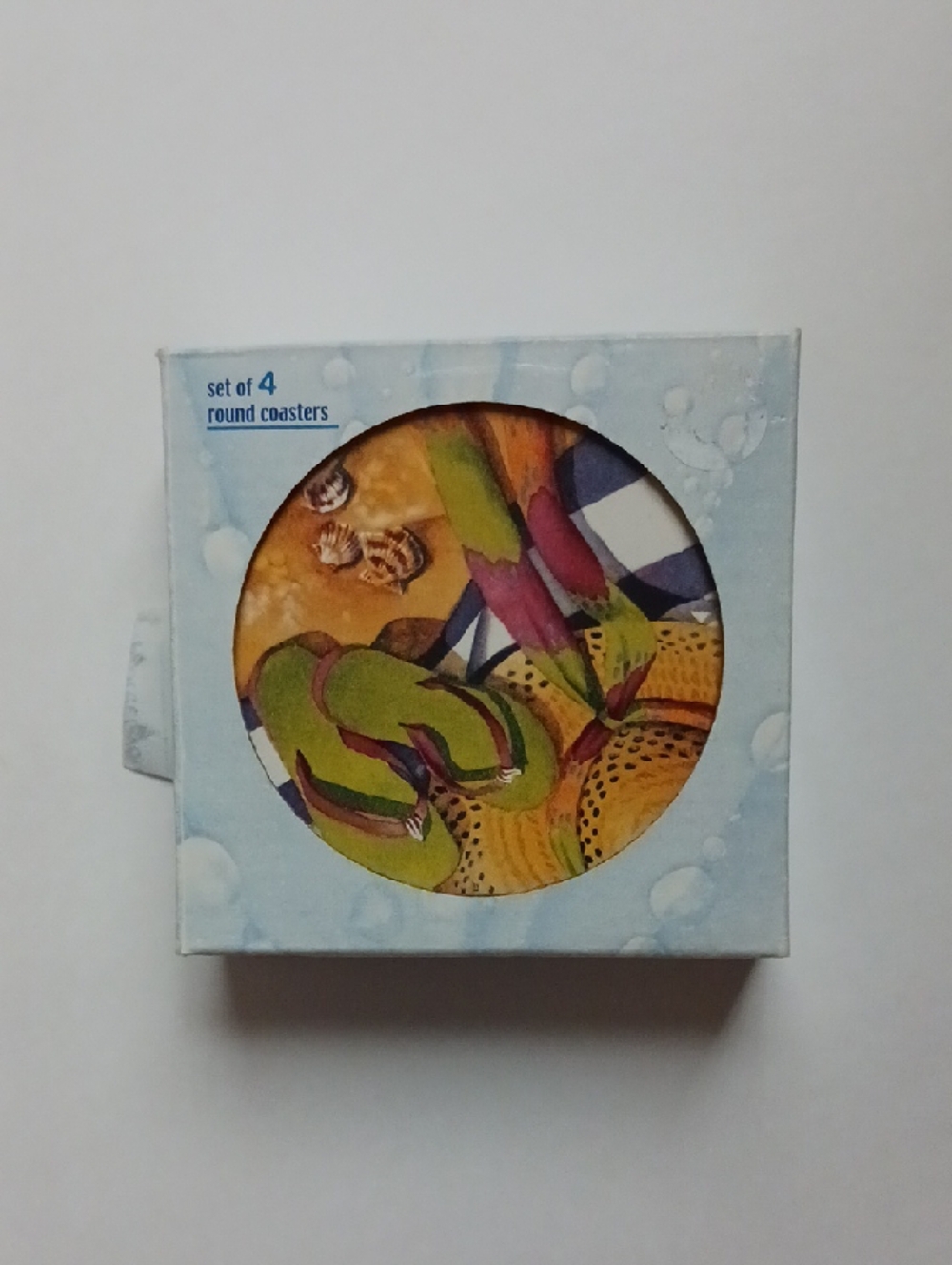 Cape Shore Set of 4 Round Coasters with Bright Beach Flip-Flop Design